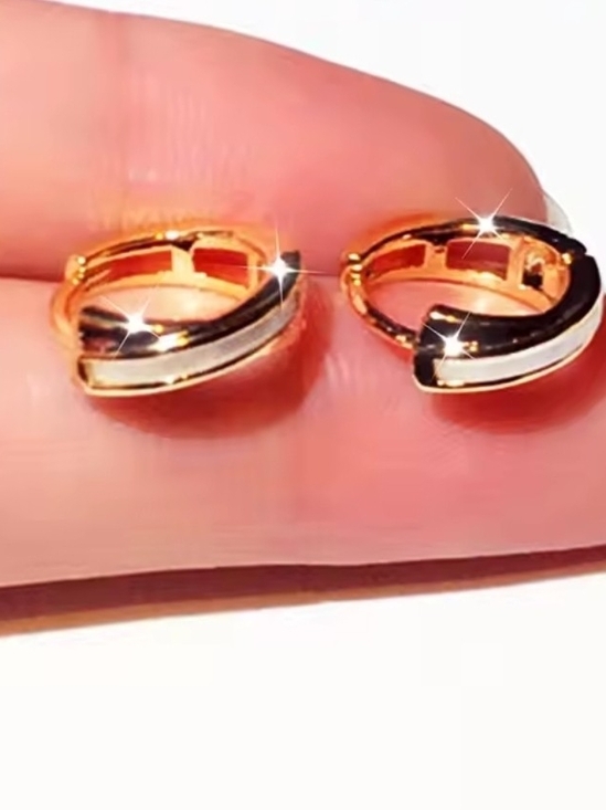 Jewelry - 14k plated Gold Hoop Earrings with B White Enamel Accent